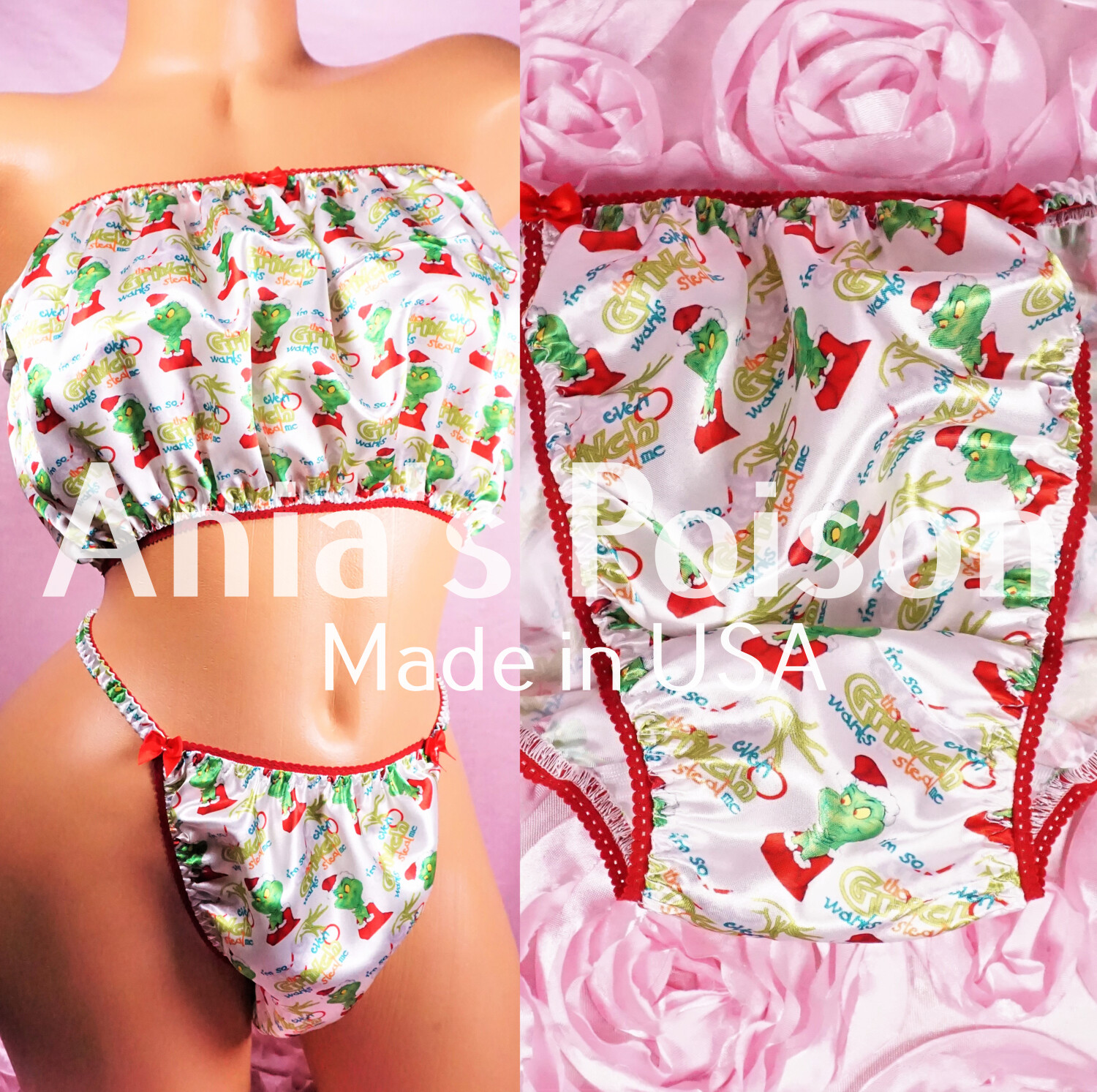 SALE Ania's Poison Christmas Grouch Cute Santa Print 100% polyester silky soft string bikini sissy mens underwear panties