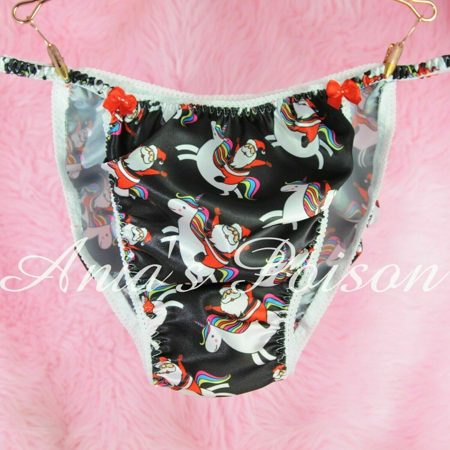 Ania's Poison Christmas Edition Unicorn Santa Print 100% polyester silky soft string bikini sissy mens underwear panties