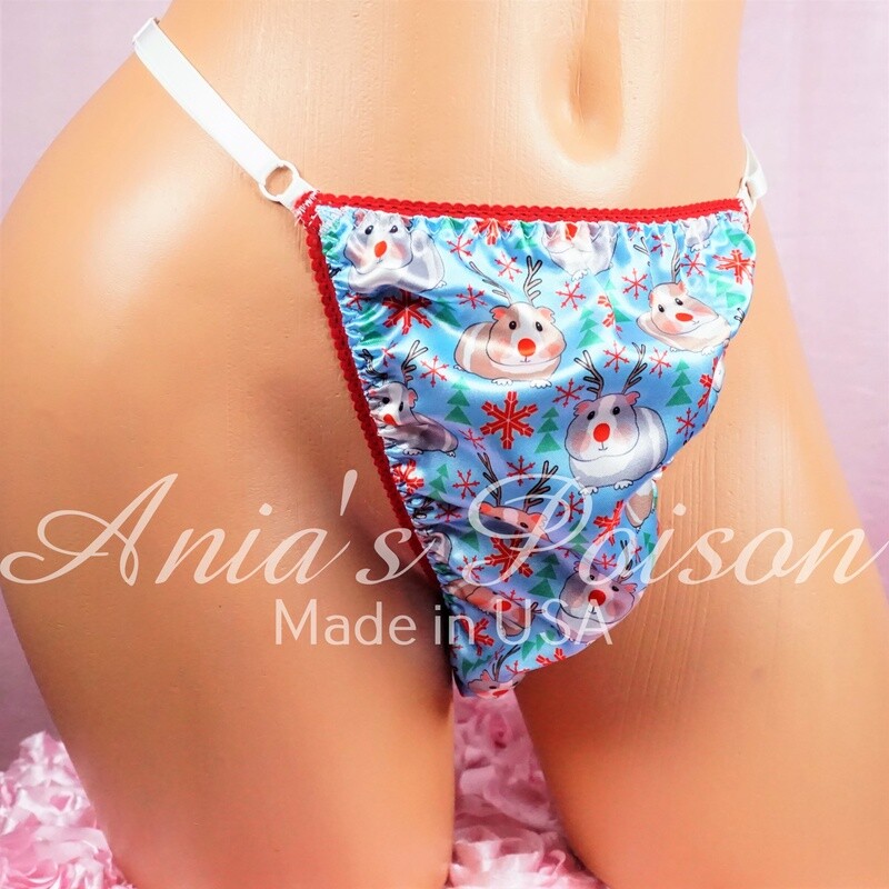 Christmas Print Hamster novelty sissy men's soft shiny Triangle T thong panties ADJUSTABLE sides underwear panties