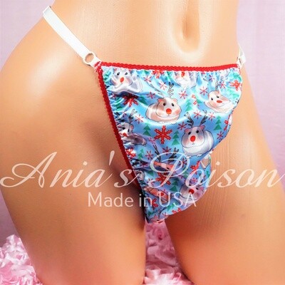 Christmas Guinea Pig sissy men's soft shiny Triangle T thong panties ADJUSTABLE sides underwear panties