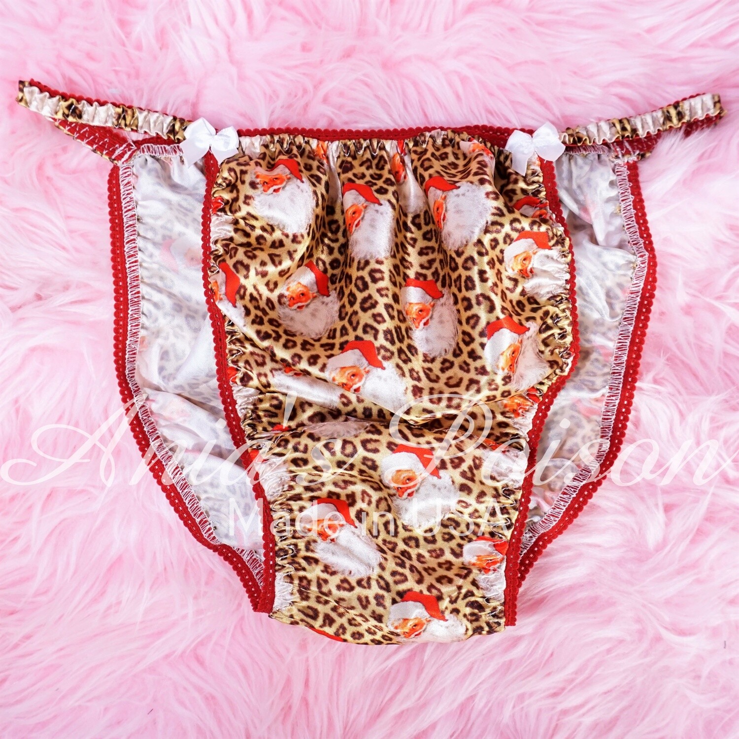 Ania's Poison Christmas Edition Leopard Santa Print 100% polyester silky soft string bikini sissy mens underwear panties
