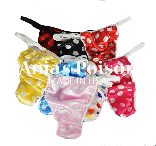 sissy thong POLKA DOT SATIN sissy men's soft shiny Triangle T thong panties ADJUSTABLE sides underwear panties