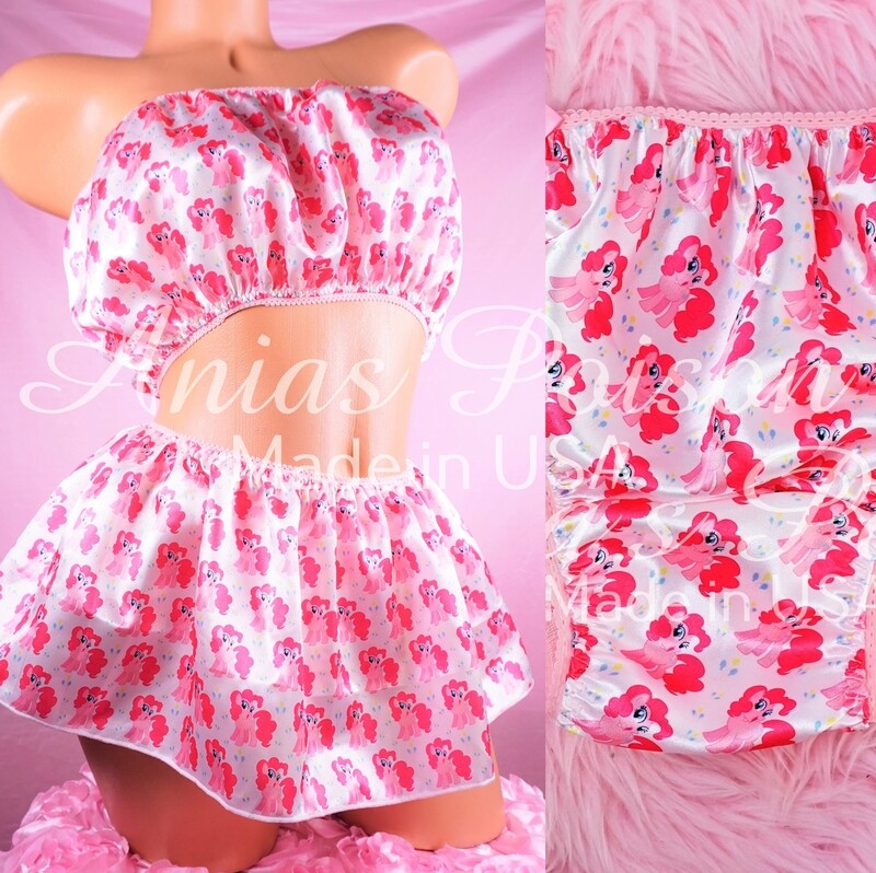 Valentine's Day Shiny Satin string bikini mens panties - Skirt bra tube top - Pink Pie Princess in white and Pink