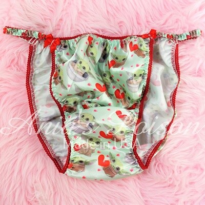 Valentine's Day Shiny Satin string bikini mens panties - Skirt bra tube top - Green Baby Alien Child SALE