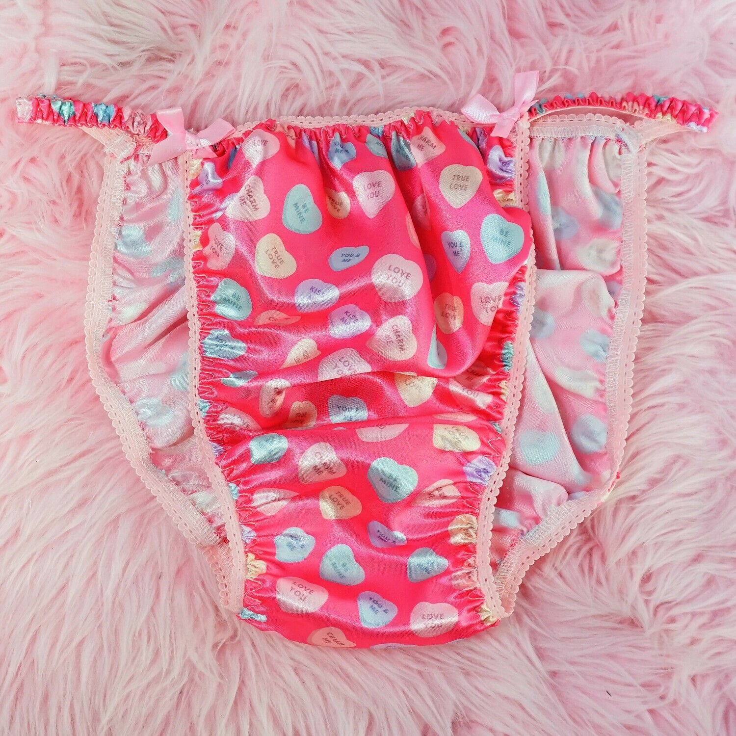 Valentine's Day Shiny Satin string bikini mens panties  - Conversation Hearts in Pink