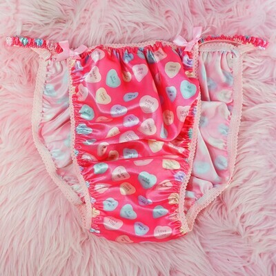 Valentine's Day Shiny Satin string bikini mens panties - Conversation Hearts in Pink