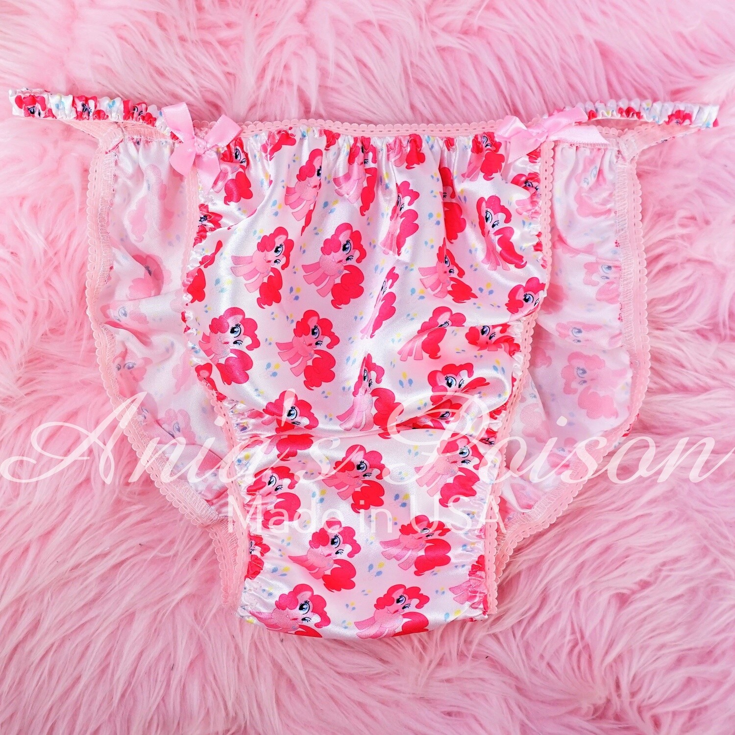 Valentine's Day Shiny Satin string bikini mens panties - Skirt bra tube top - Pinkie Pie Ponies Princess in white and Pink