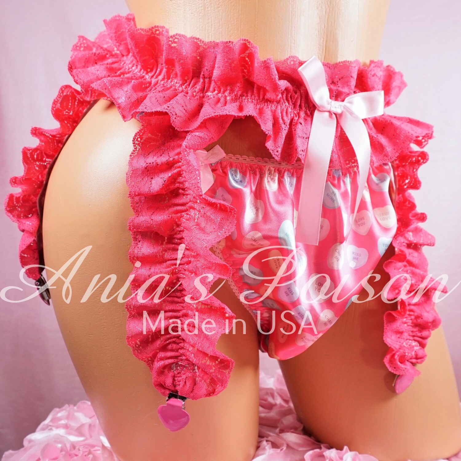 Super Frilly Valentines Day Heart clip Pink Lacy Sissy Maid White Maid Garter suspender Belt OS
