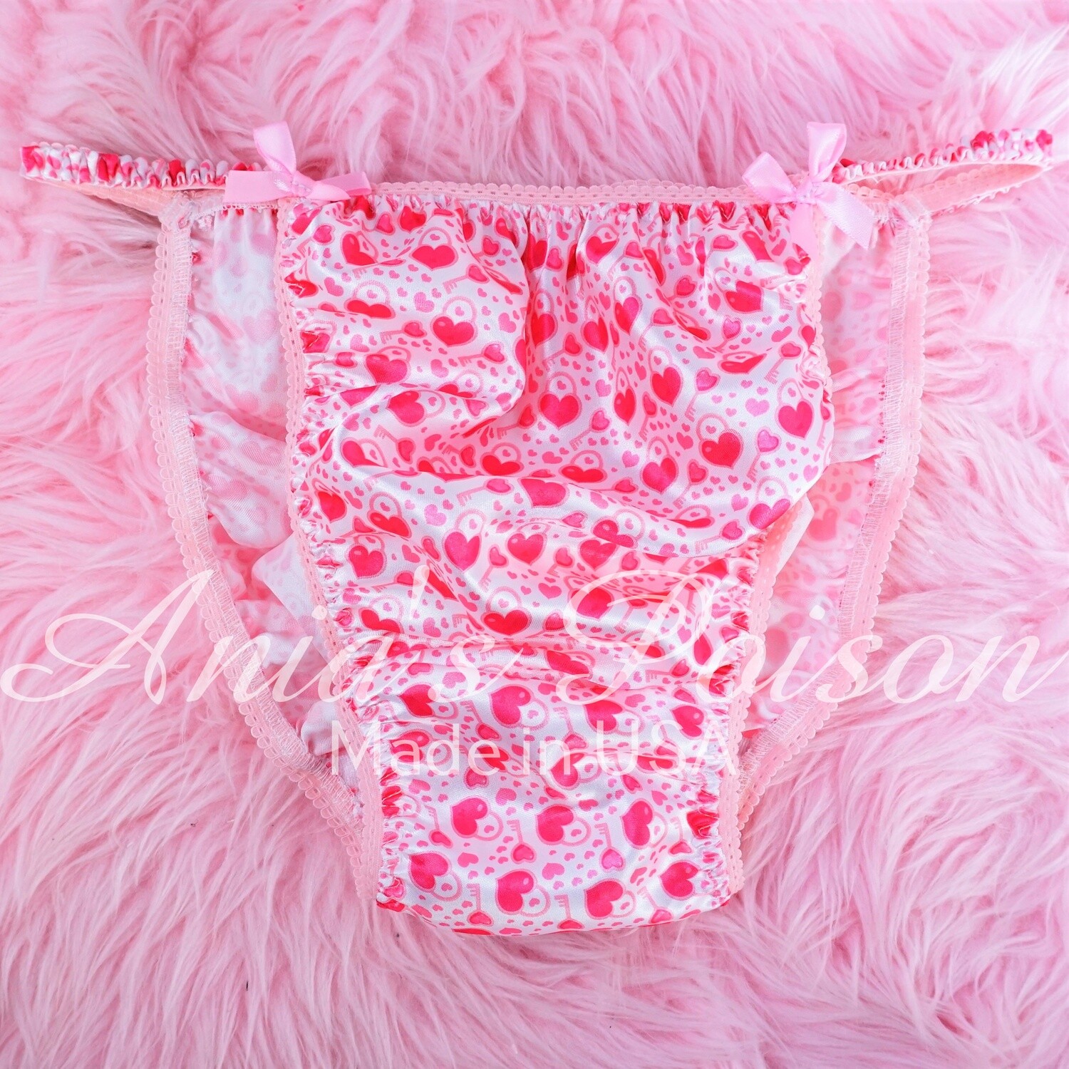Valentine's Day Shiny Satin string bikini mens panties - Stunning Pink micro heart print - Super Limited