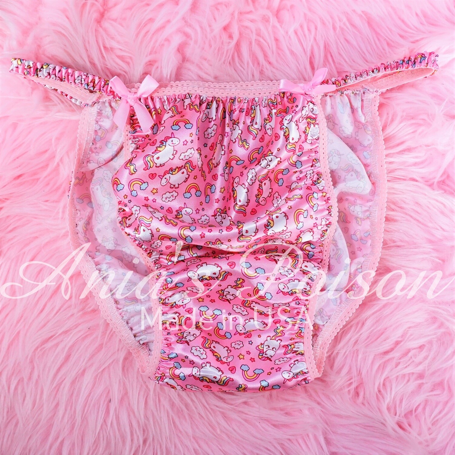 Valentine's Day Shiny Satin string bikini mens panties - Stunning Pink micro Unicorn print - Super Limited