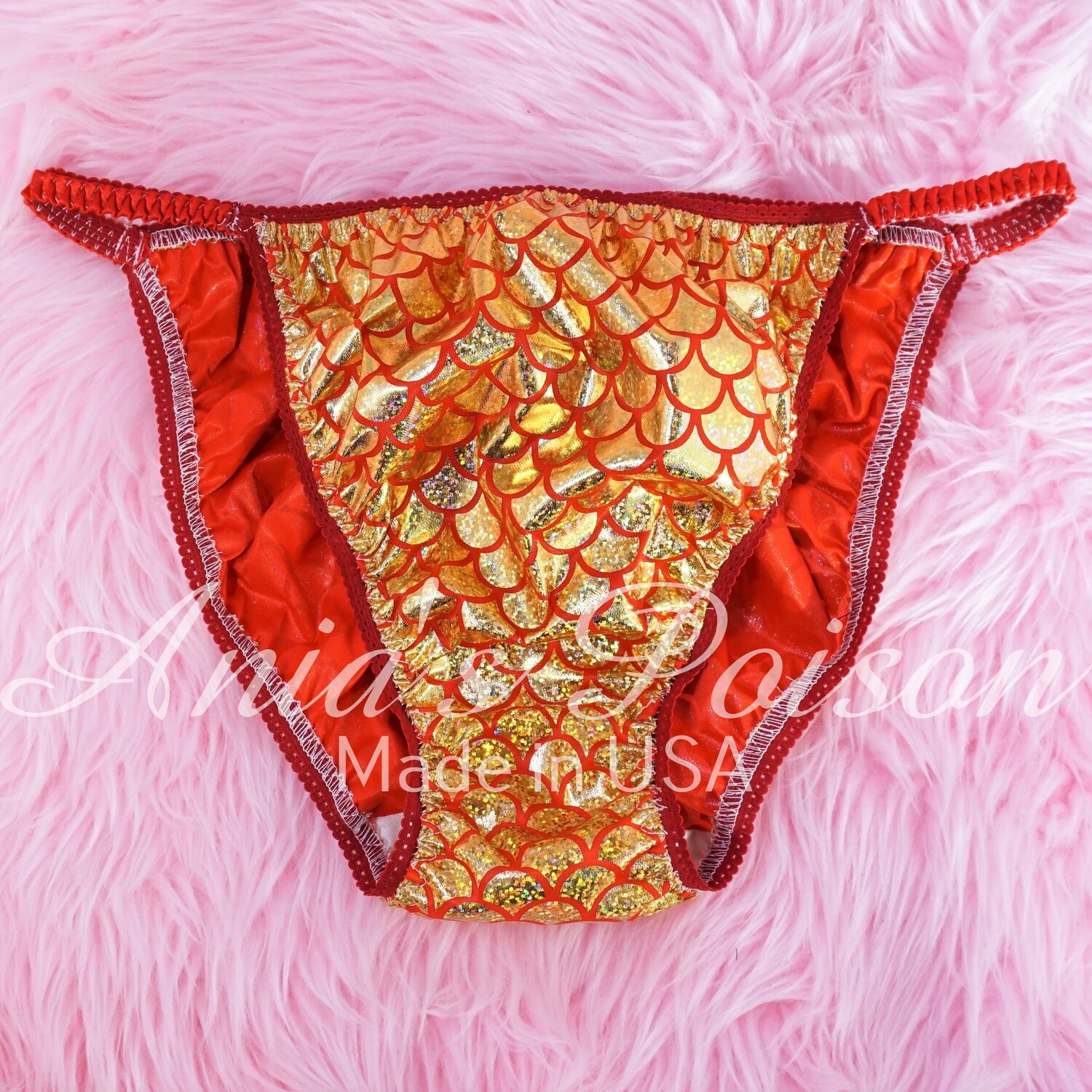 Lace Duchess Classic 80's Gold Red FOIL Metallic Shiny satin panties - String bikini- new mens and womens cuts! Matching Couples