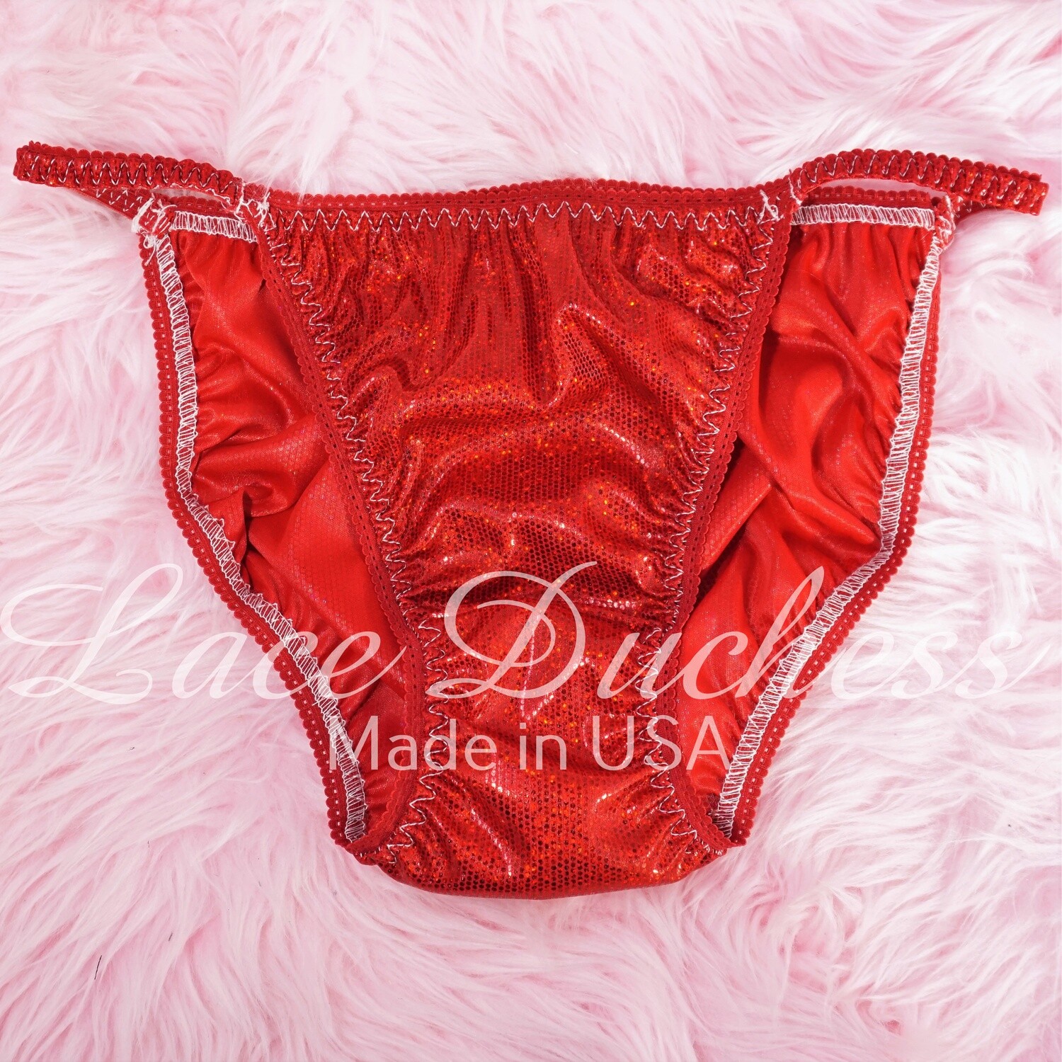 Lace Duchess Classic 80's Valentine's Red FOIL Metallic Shiny satin panties - String bikini - 7 only
