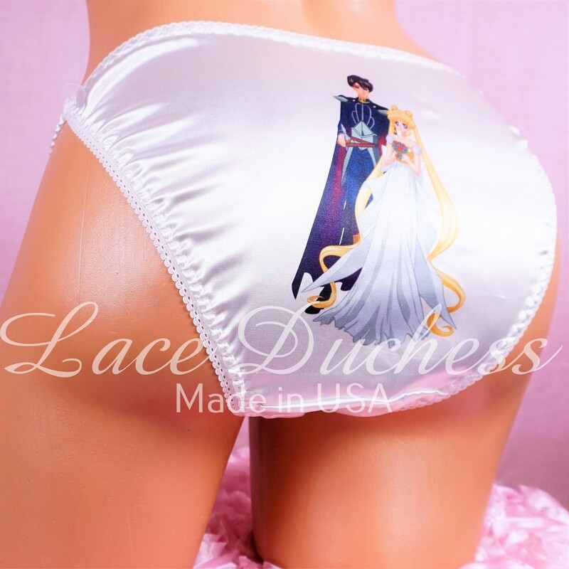 Lace Duchess Classic 80's cut Sailor Moon Wedding Character anime print satin wet look panties sz 5 6 7 8