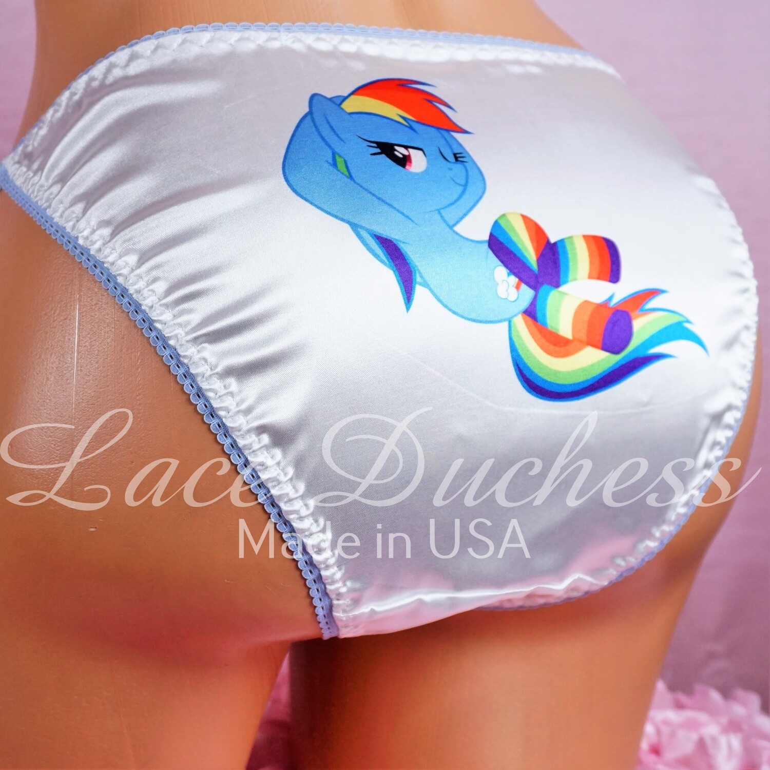Lace Duchess Classic 80's cut Little Rainbow Pony Character movie print sissy satin wet look ladies or Mens panties sz 5 6 7 8