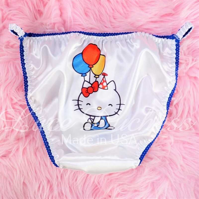 Lace Duchess Classic 80's cut Hello Kitty Kawaii Birthday Character movie print sissy satin wet look ladies panties sz 5 6 7 8