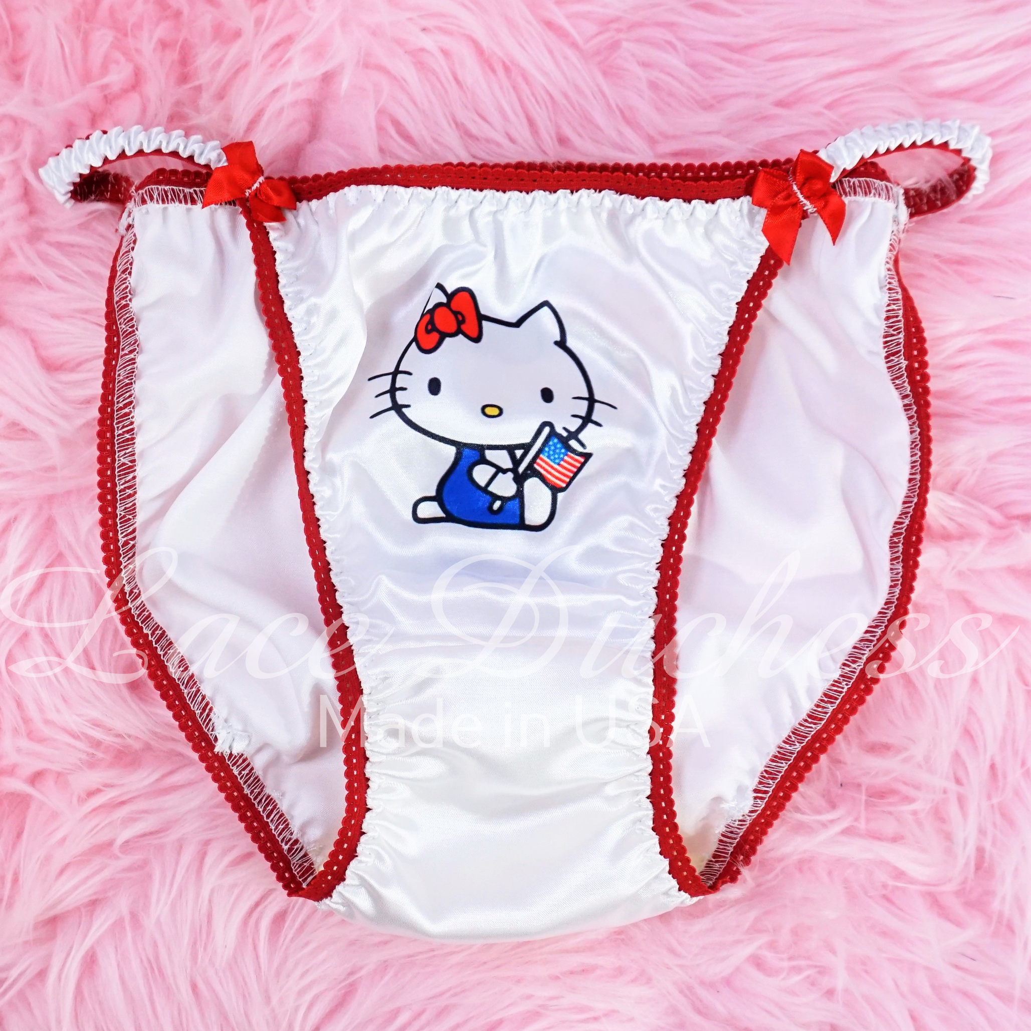 VTG 80s style SATIN Christmas hello Kitty kawaii Character string bikini Panties 5 6 7 8 Lace Duchess Sissy