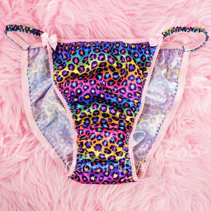 Lace Duchess Rainbow Leopard Animal print Classic 80's cut satin sissy Lisa inspired ladies string bikini panties sz 6 7!