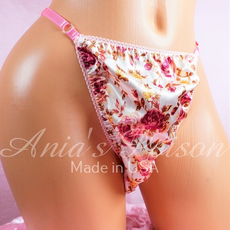 sissy men's soft shiny Rose Garden Floral Triangle T thong panties ADJUSTABLE sides underwear panties