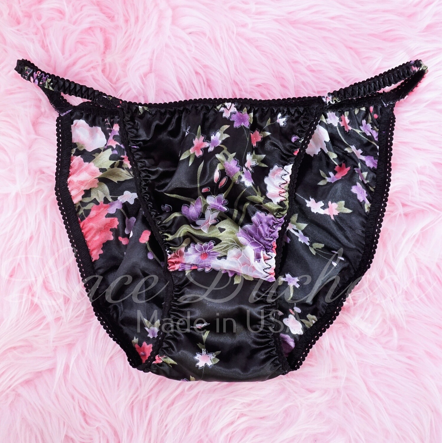 Lace Duchess Asian Floral print black Classic 80's cut satin sissy ladies string bikini panties sz 7