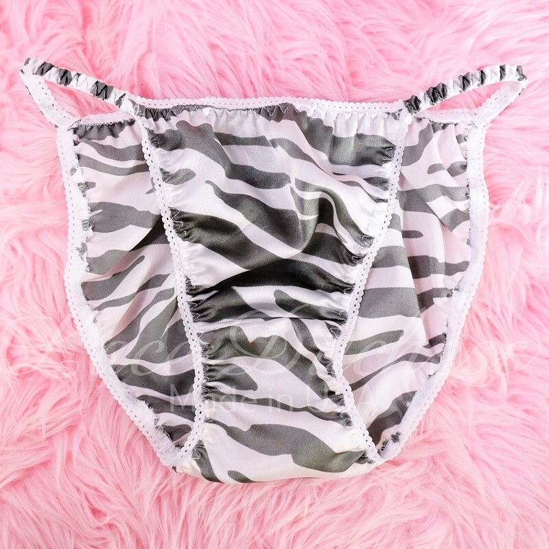 Lace Duchess Zebra Animal print silky soft Classic 80's cut satin sissy SIlver ladies string bikini panties sz 6 7 8