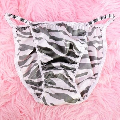 Lace Duchess Zebra Animal print silky soft Classic 80's cut satin sissy SIlver ladies string bikini panties sz 6 7 8