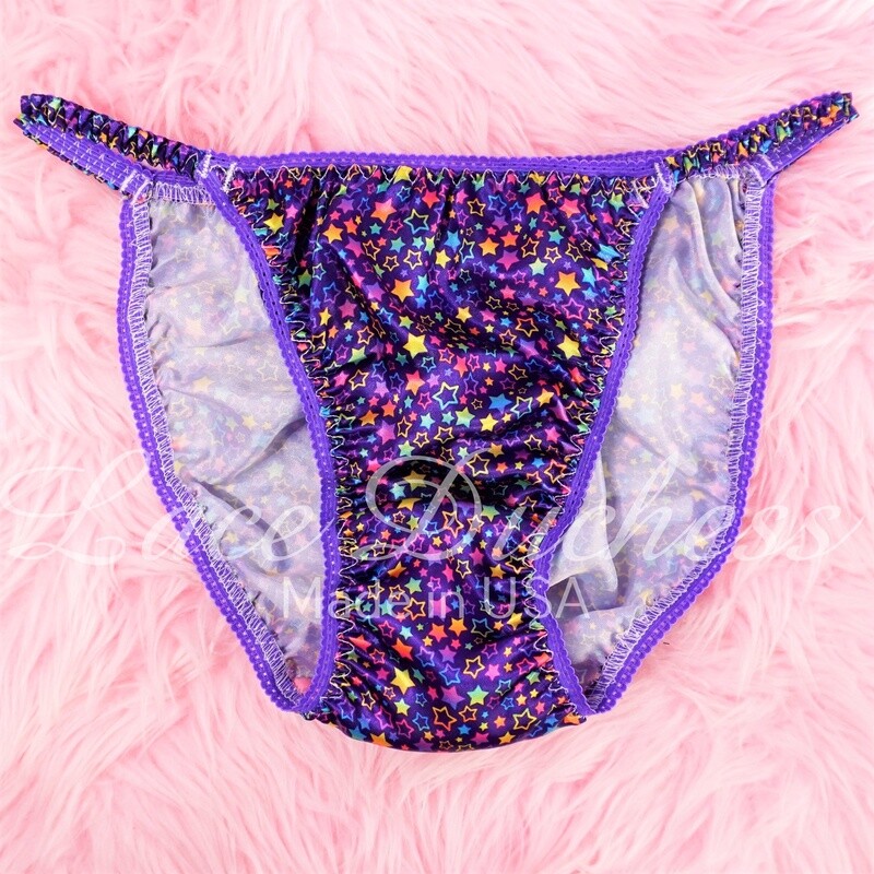 Lace Duchess Classic 80's ladies cut Purple Rainbow Stars satin panties - String bikini 5 6 7 8