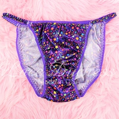 DEAD STOCK Lace Duchess Classic 80's ladies cut Purple Rainbow Stars satin panties - String bikini 7 only