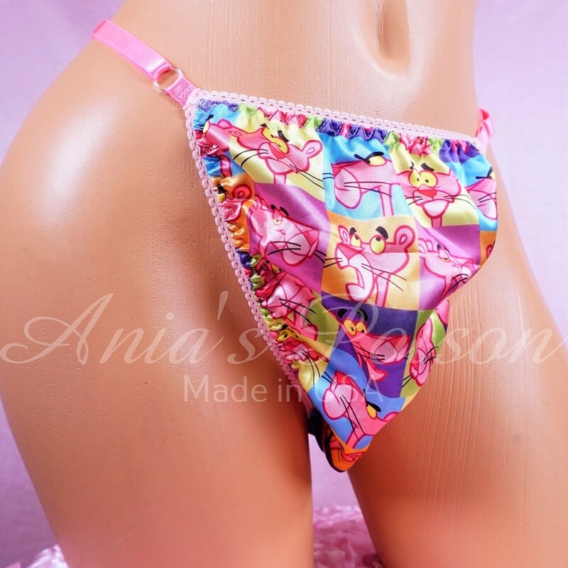 sissy men's soft shiny Pink cartoon Spy Cat Triangle T thong panties ADJUSTABLE sides underwear panties