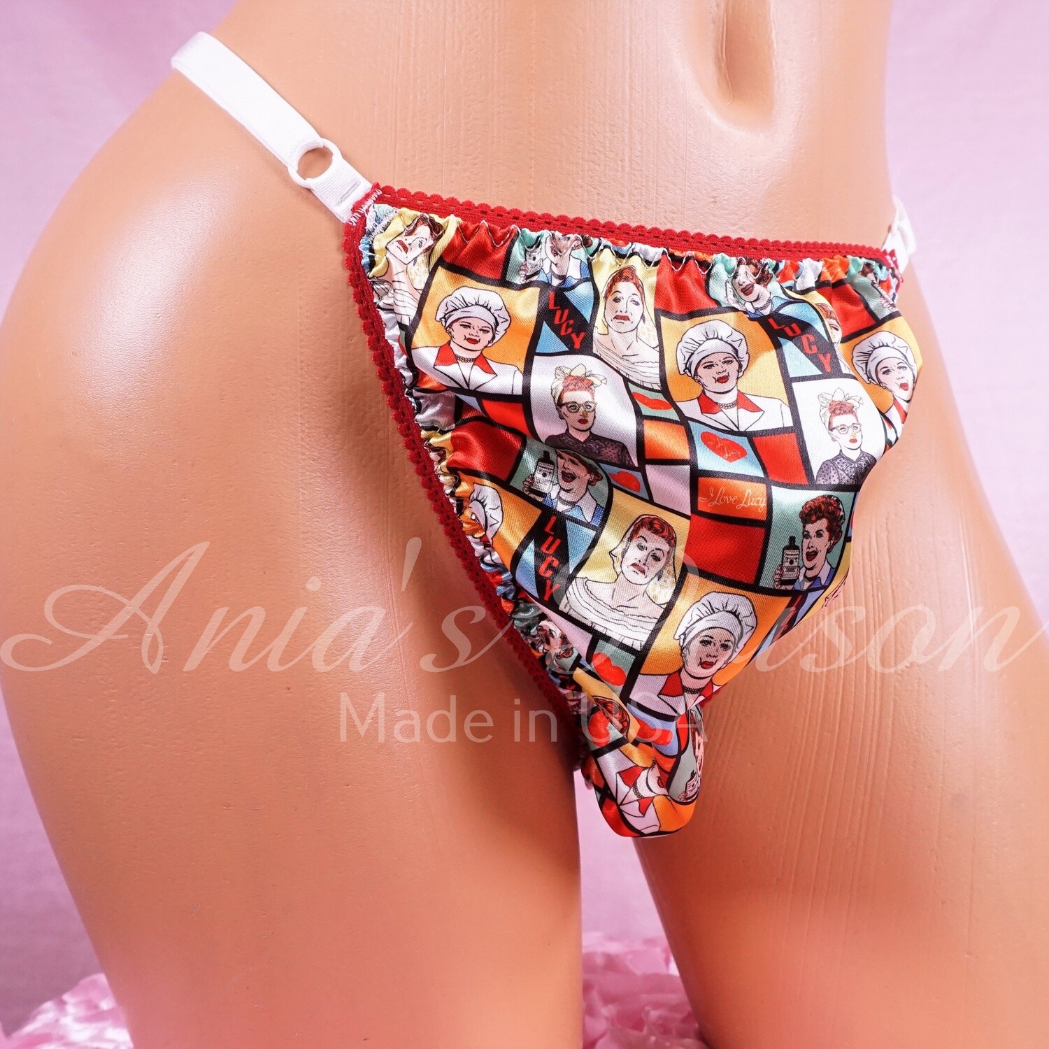 sissy men's soft shiny vintage Lucy Love Red Triangle T thong panties ADJUSTABLE sides underwear panties