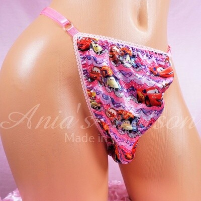 sissy men's soft shiny Pink cartoon Cars Triangle T thong panties ADJUSTABLE sides underwear panties DEADSTOCK
