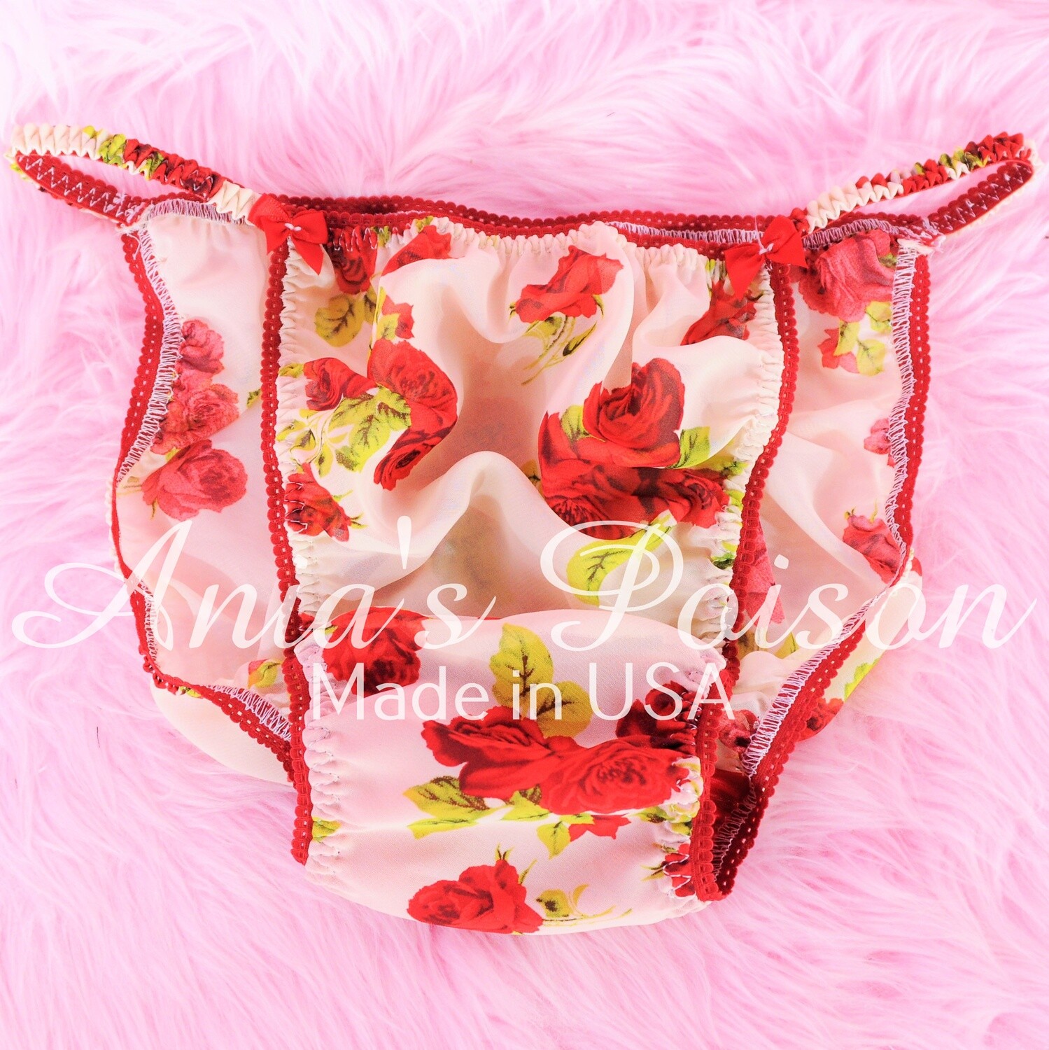 Sheer CHIFFON Red Roses Ivory floral print sheer sissy mens string bikini panties S - XXL