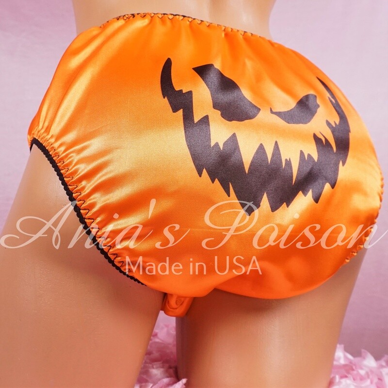 Ania's Poison jack-o-lantern carved pumpkin face Halloween 100% polyester SATIN FULL bikini sissy mens underwear panties