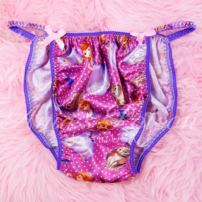 Princess Print Sophia little girl 100% polyester SATIN string bikini sissy purple polka dot mens underwear panties