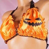 Halloween Ruffled super shiny lined Satin Sissy Jack-o-lantern Pumpkin ORANGE tie up halter triangle mens OS bra