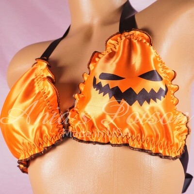 Halloween Ruffled super shiny lined Satin Sissy Jack-o-lantern Pumpkin ORANGE tie up halter triangle mens OS bra