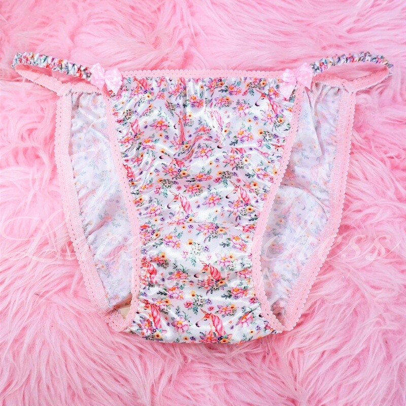 Lace Duchess Classic 80's cut micro Unicorn floral Pink RARE print satin wet look Vintage Style panties sz 5 6 7