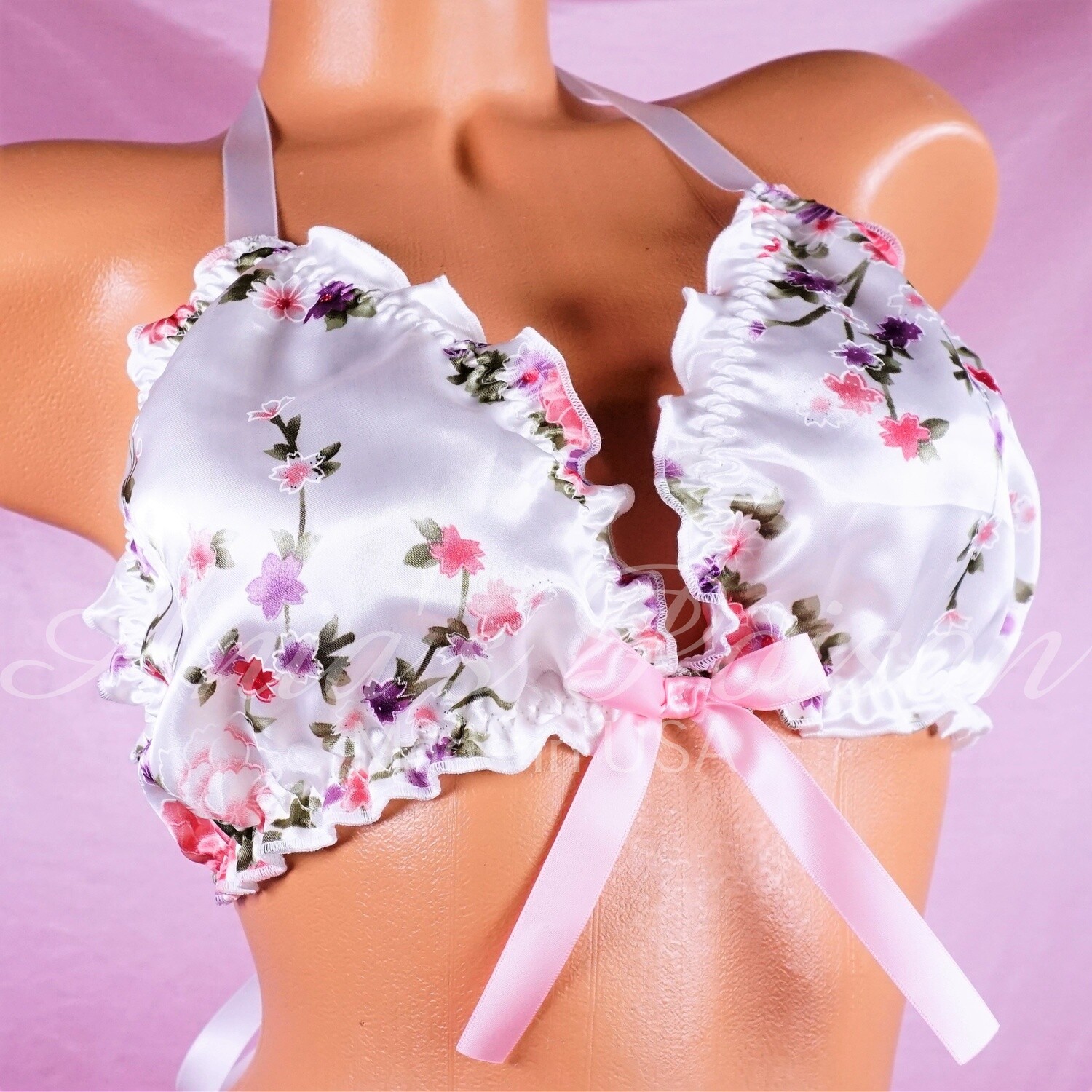 Floral Ruffled super shiny lined Satin Sissy Ivory tie up halter triangle mens OS bra