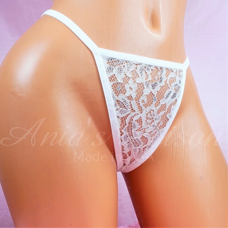 Anias Poison sexy V Back stripper dancer micro thongs Bridal white silver sparkle LACE