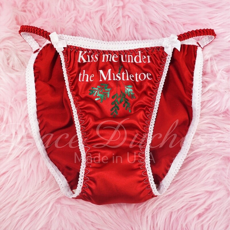 Sissy Christmas panties Kiss Me Under the Mistletoe OR Totally CUSTOM TEXT Shiny wetlook string bikini ladies panties sz 5-9