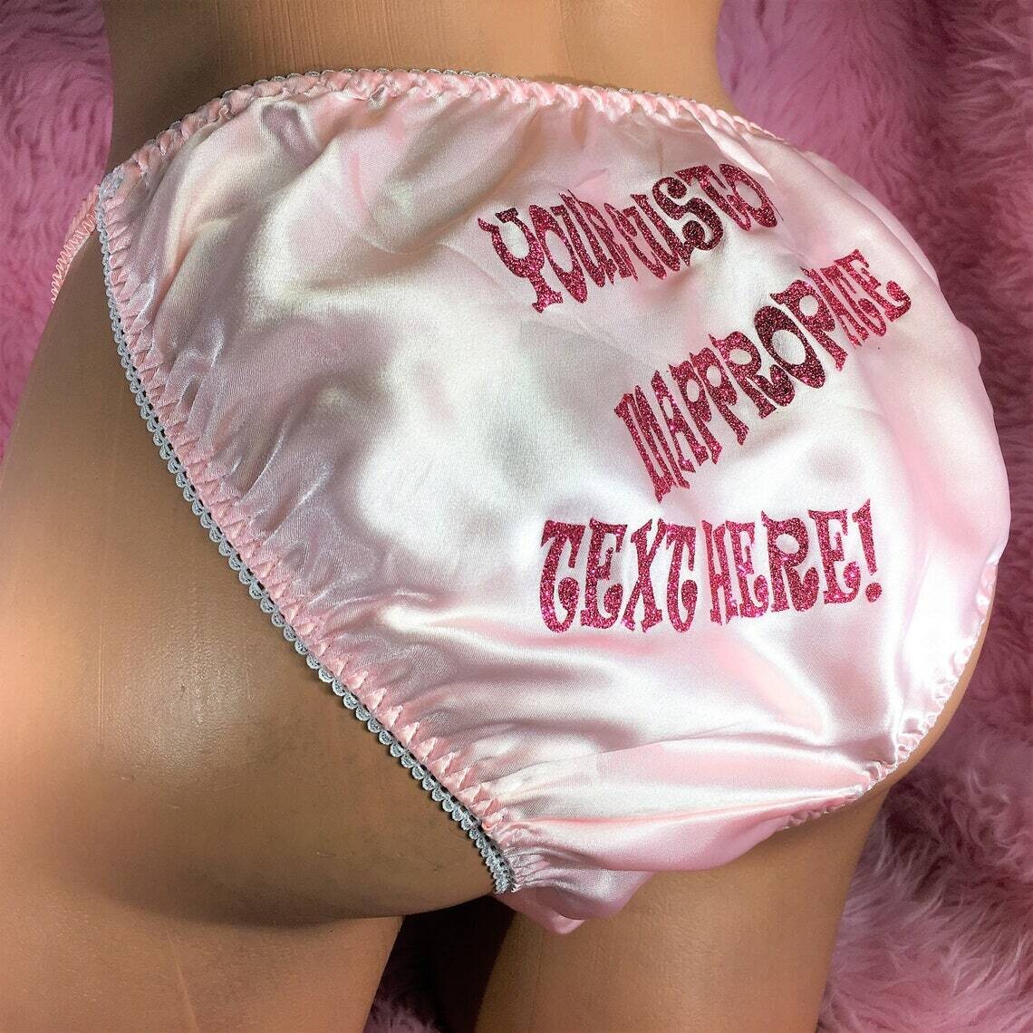 Sissy mens panties Totally CUSTOM Naughty TEXT Shiny wetlook string bikini Bias Cut Satin panties for Men