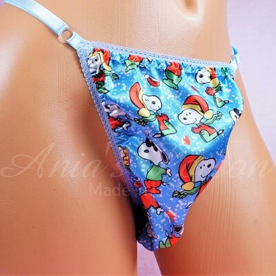 Christmas Snoopie Dog sissy men's soft shiny Blue Triangle T thong panties ADJUSTABLE sides underwear panties