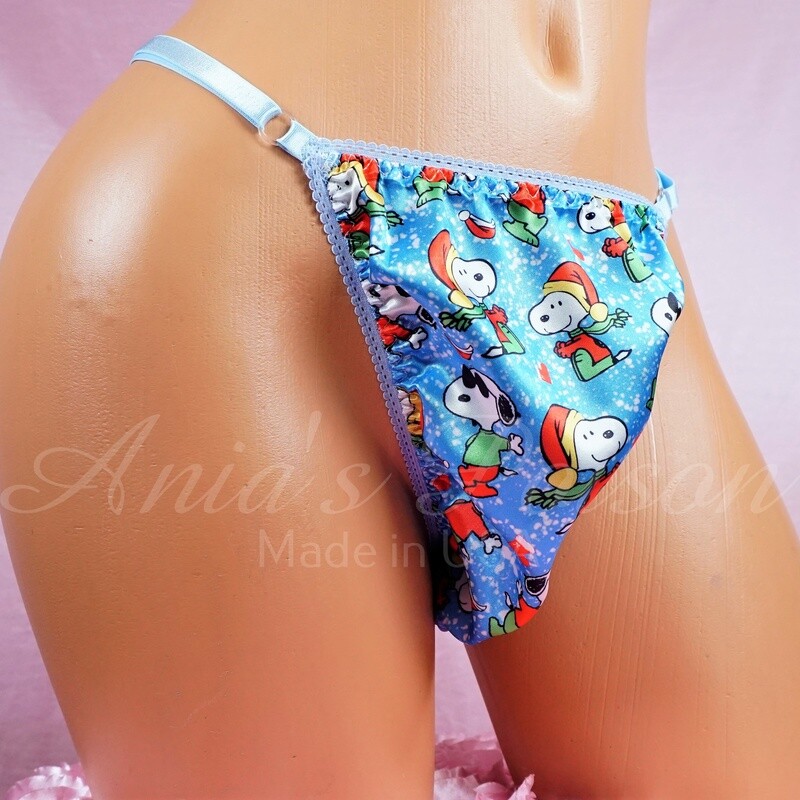 Christmas Dog novelty print sissy men's soft shiny Blue Triangle T thong panties ADJUSTABLE sides underwear panties