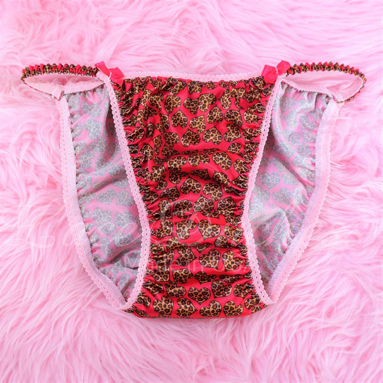 Valentine's Lace Duchess Classic 80's cut Hot PINK Leopard Heart print satin shiny wet look panties sz 5 6 7 8