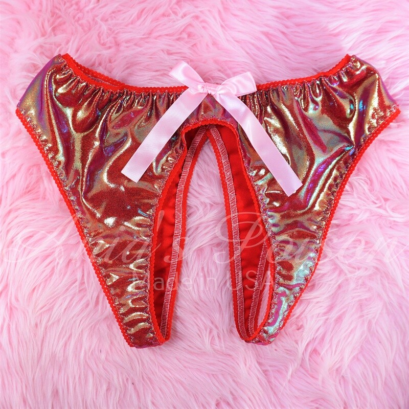 Valentine's Unisex stretch spandex sissy open crotch & butt Sparkle Red butterfly panties S-L XL-XXL