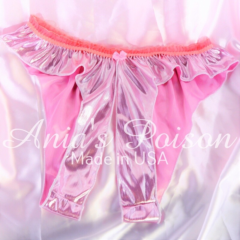 Anias Poison Unisex open crotch Crotchless butterfly shiny PINK Metallic foil panties lingerie OS