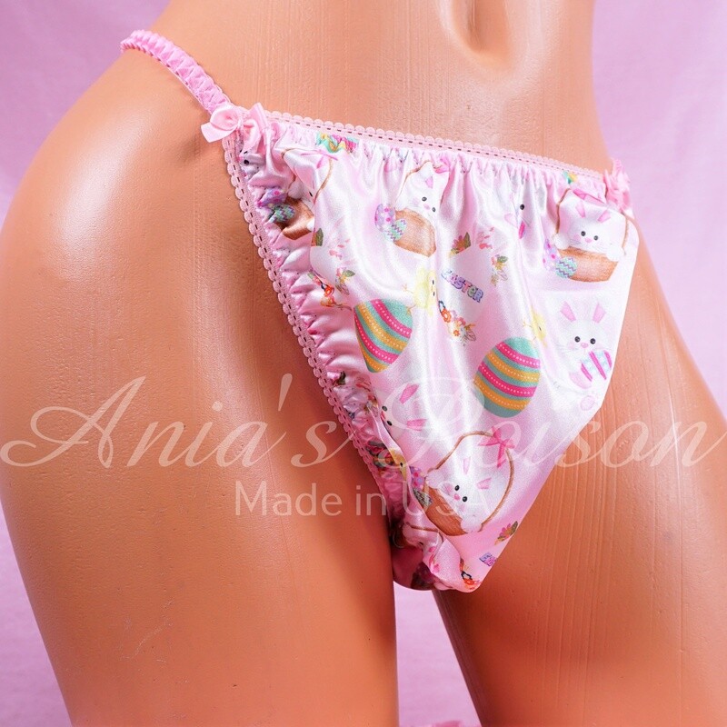 Ania's Poison Cut rare Print Pink SATIN Easter bunny eggs cute girly spring 100% polyester string bikini sissy mens underwear panties FLASH SALE sz M and XL