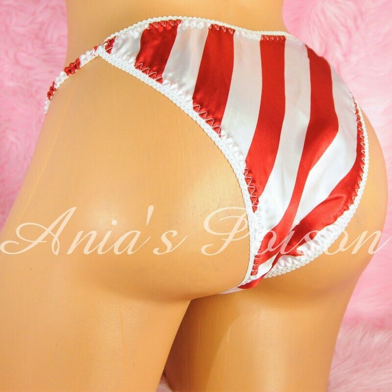 Classy Cheeky Cut Satin sissy ladies flat front Brazilian panties S/M and L/XL - Candy Cane Stripe - Great for CHRISTMAS!
