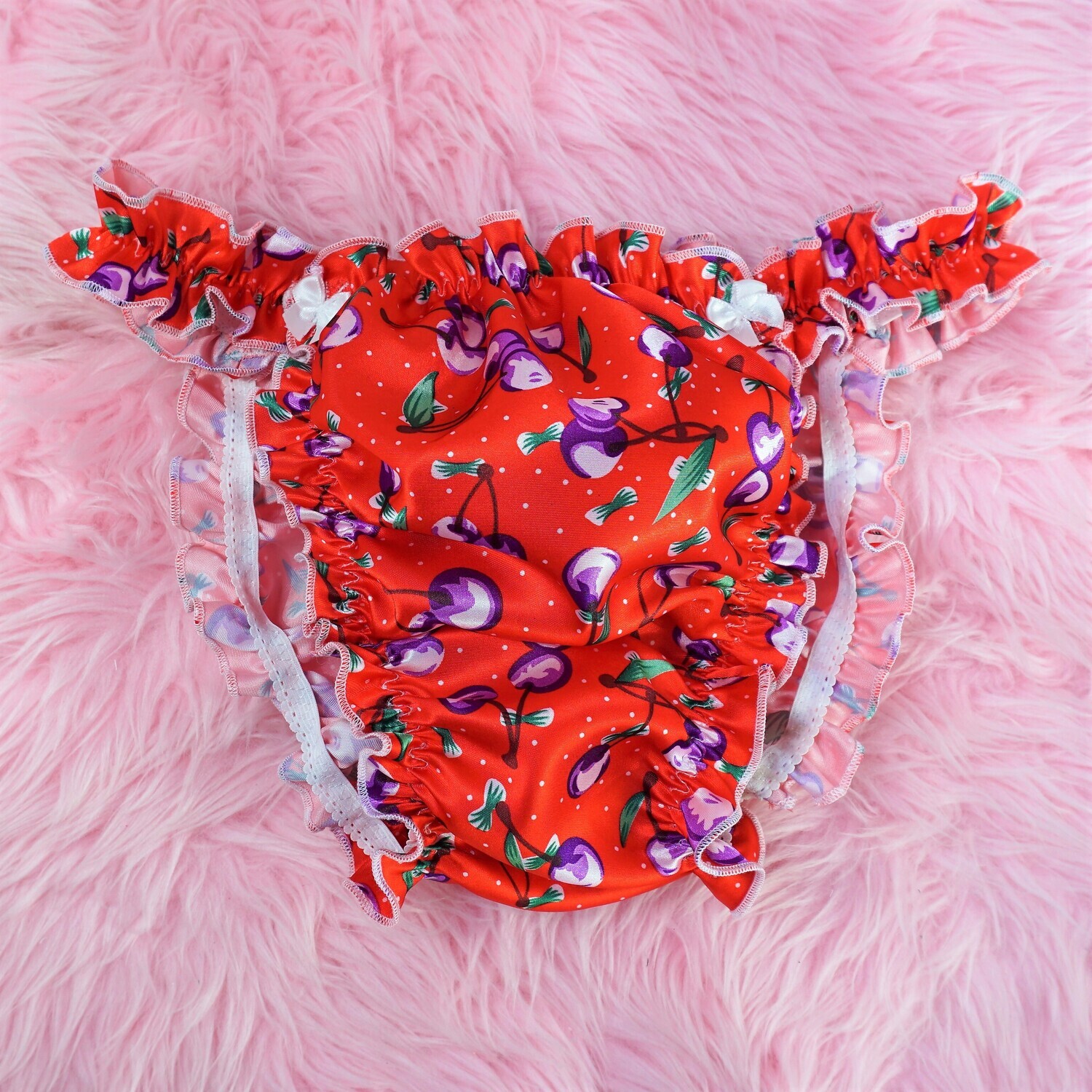 Sissy Ruffled SATIN Panties Red cherry print shiny wetlook unlined Satin Gusset Men's string bikini sz S-XL Super LIMITED FLASH Sale