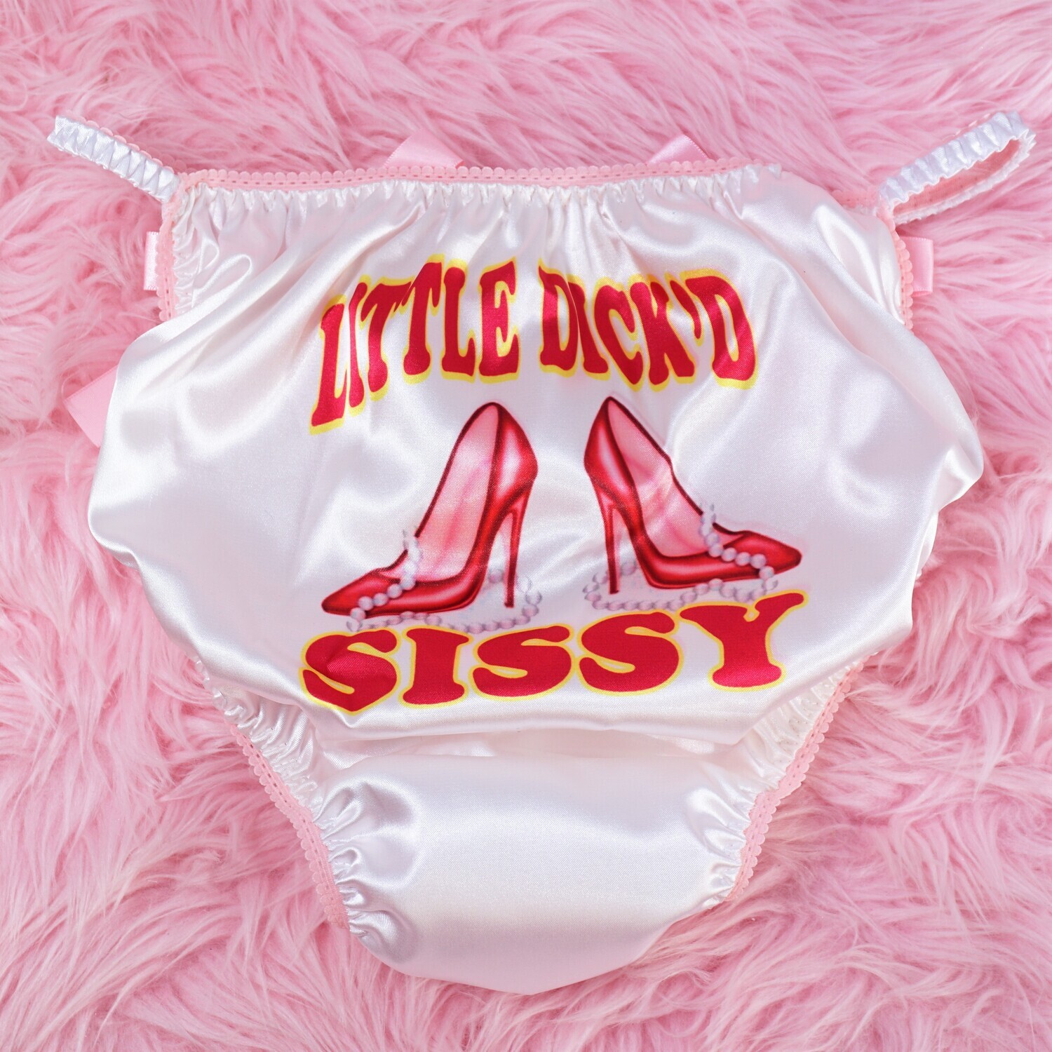 Sissy SATIN Heels & Pearls Panties shiny wetlook humiliation naughty Little Dicked Sissy Men's string bikini sz S-2XL