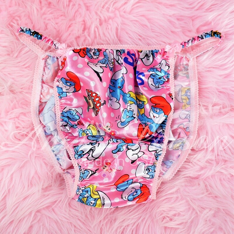 Smurfies print Pink SATIN 100% polyester string bikini sissy mens underwear panties FLASH SALE sz S-XL
